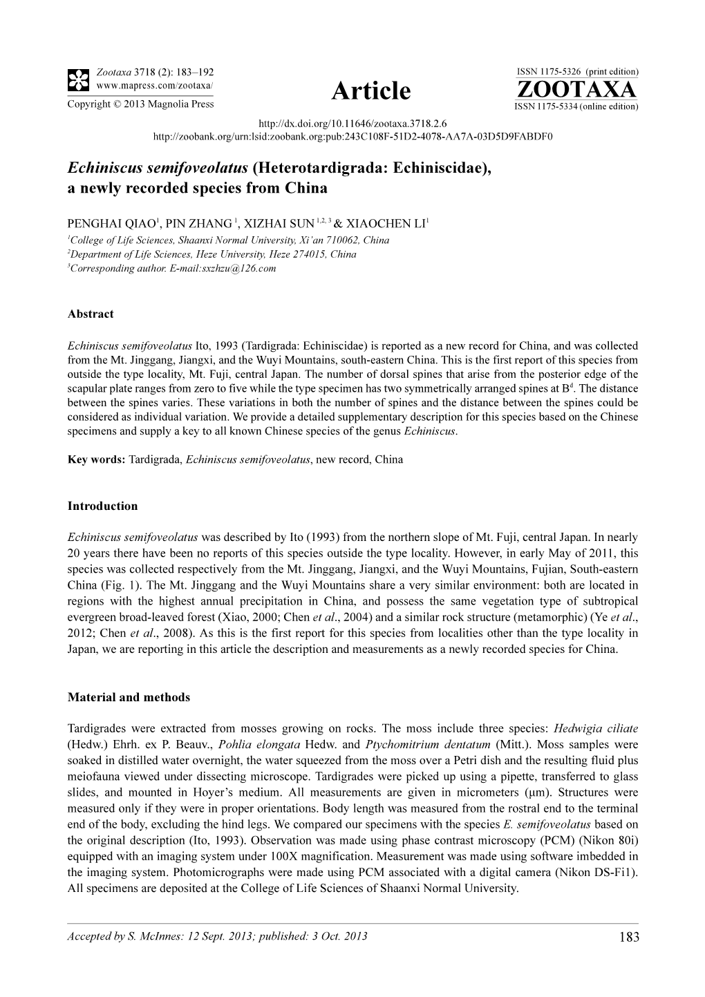 Echiniscus Semifoveolatus (Heterotardigrada: Echiniscidae), a Newly Recorded Species from China