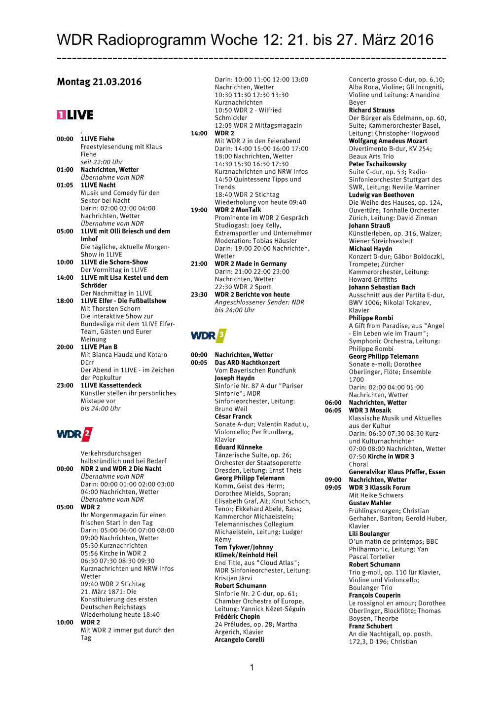 WDR Radioprogramm Woche 12: 21. Bis 27. März 2016