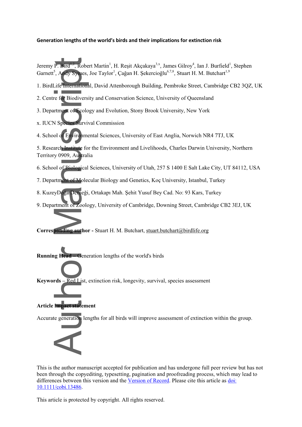 Generation Lengths of the World's Birds and Their Implications