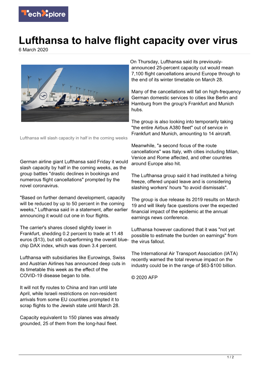 Lufthansa to Halve Flight Capacity Over Virus 6 March 2020