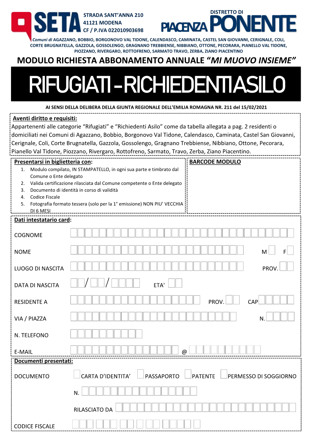 Modulo RIFUGIATI/RICHIEDENTI ASILO 2021