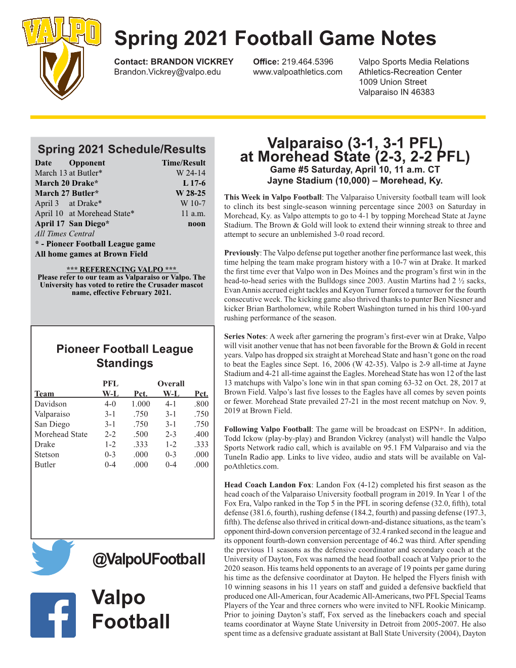 Spring 2021 Football Game Notes Valpo Football