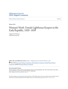 Woman's Work: Female Lighthouse Keepers in the Early Republic, 1820–1859 Virginia Neal Thomas Old Dominion University