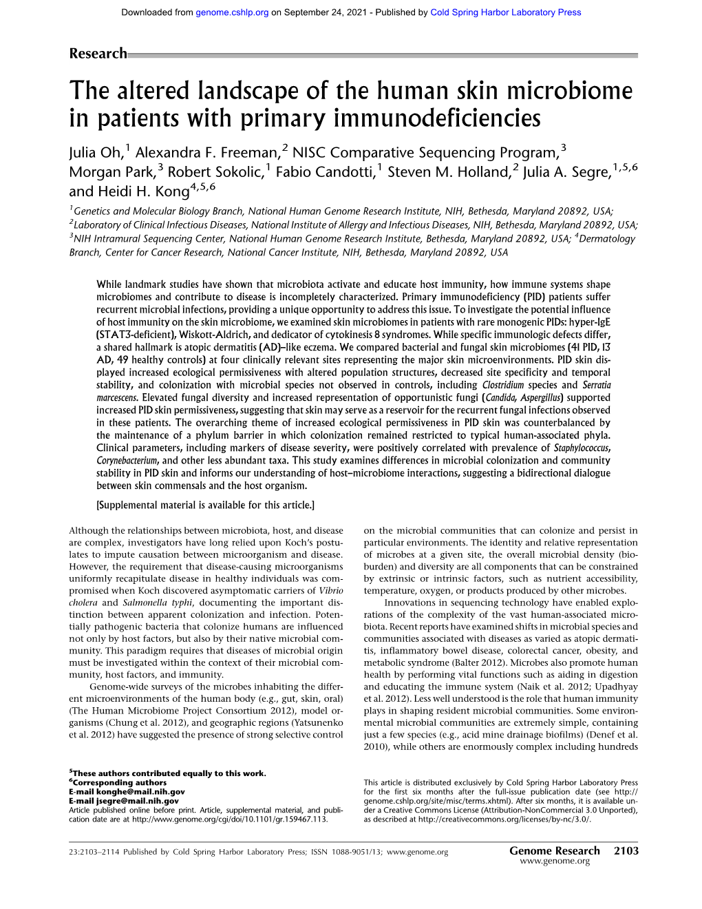 The Altered Landscape of the Human Skin Microbiome in Patients with Primary Immunodeficiencies