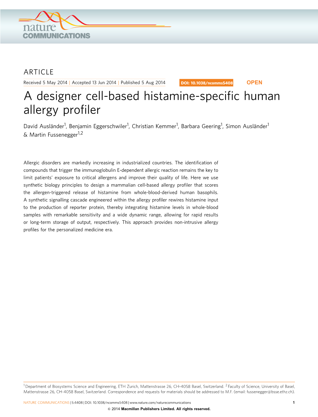 A Designer Cell-Based Histamine-Specific Human Allergy Profiler