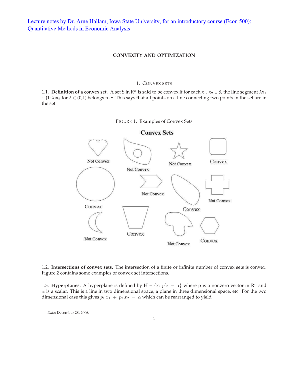 Lecture Notes by Dr. Arne Hallam, Iowa State University, for an Introductory Course (Econ 500): Quantitative Methods in Economic