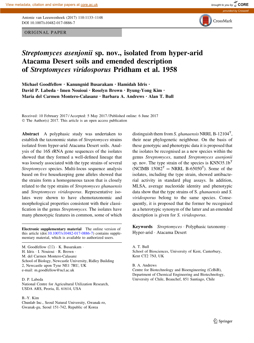 Streptomyces Asenjonii Sp. Nov., Isolated from Hyper-Arid Atacama Desert Soils and Emended Description of Streptomyces Viridosporus Pridham Et Al