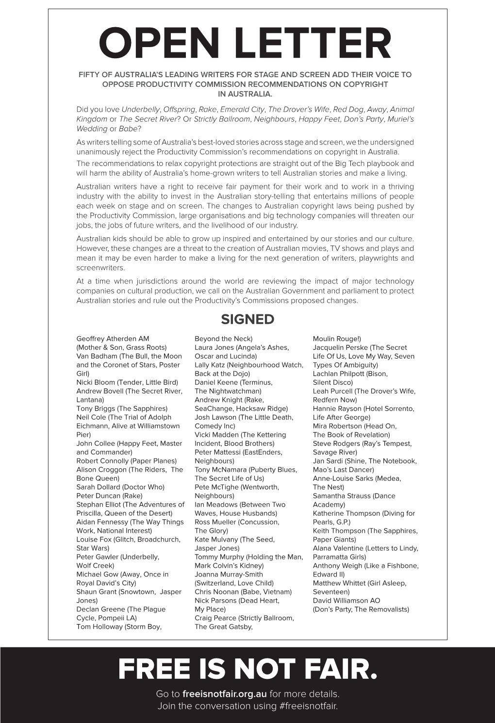 Open Letter Fifty of Australia’S Leading Writers for Stage and Screen Add Their Voice to Oppose Productivity Commission Recommendations on Copyright in Australia
