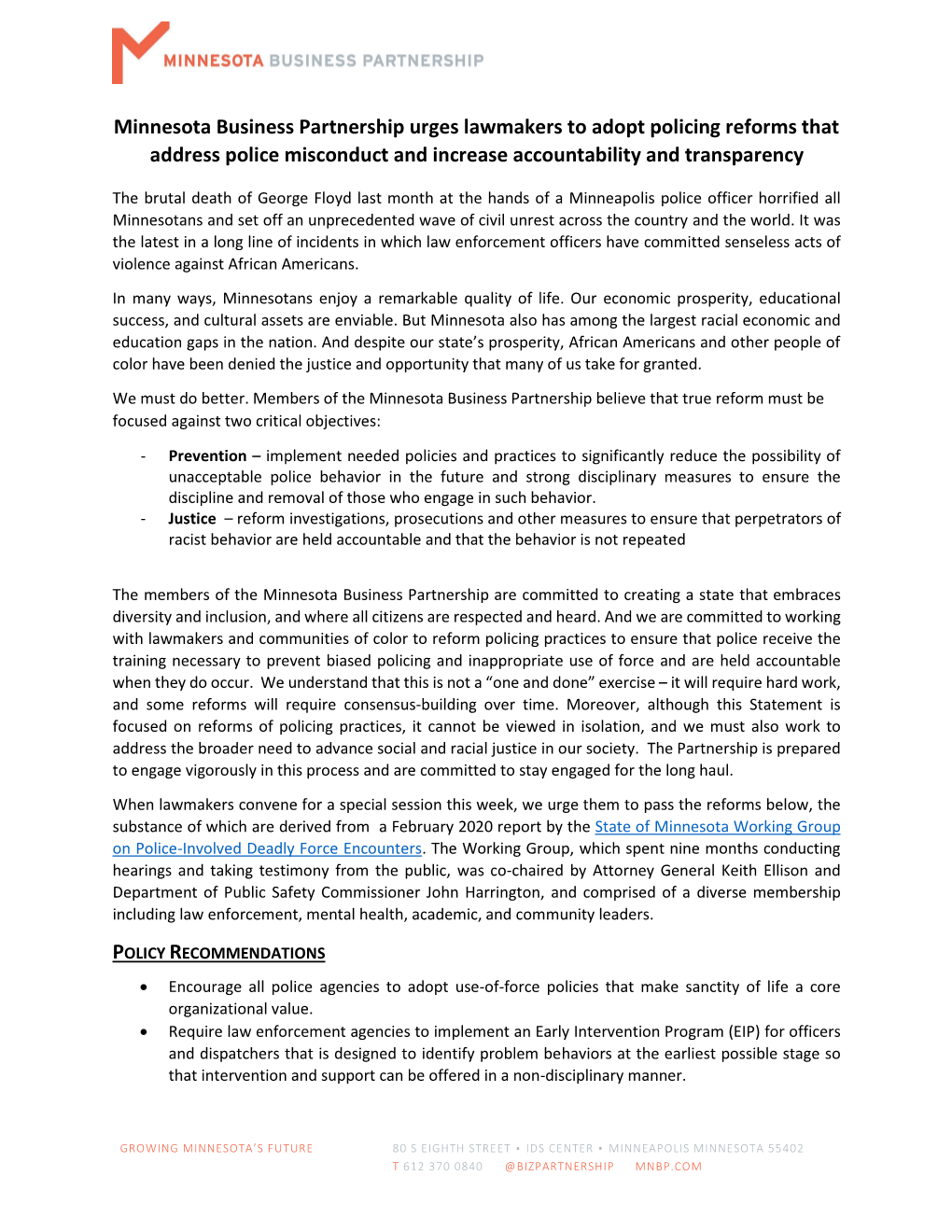 Minnesota Business Partnership Urges Lawmakers to Adopt Policing Reforms That Address Police Misconduct and Increase Accountability and Transparency