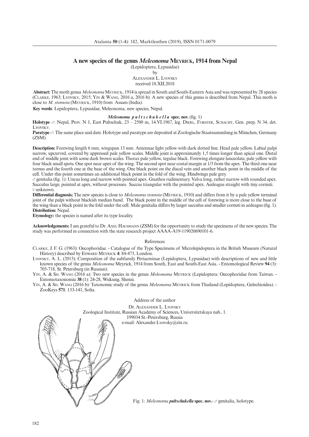 A New Species of the Genus Meleonoma Meyrick, 1914 from Nepal (Lepidoptera, Lypusidae) by Alexander L