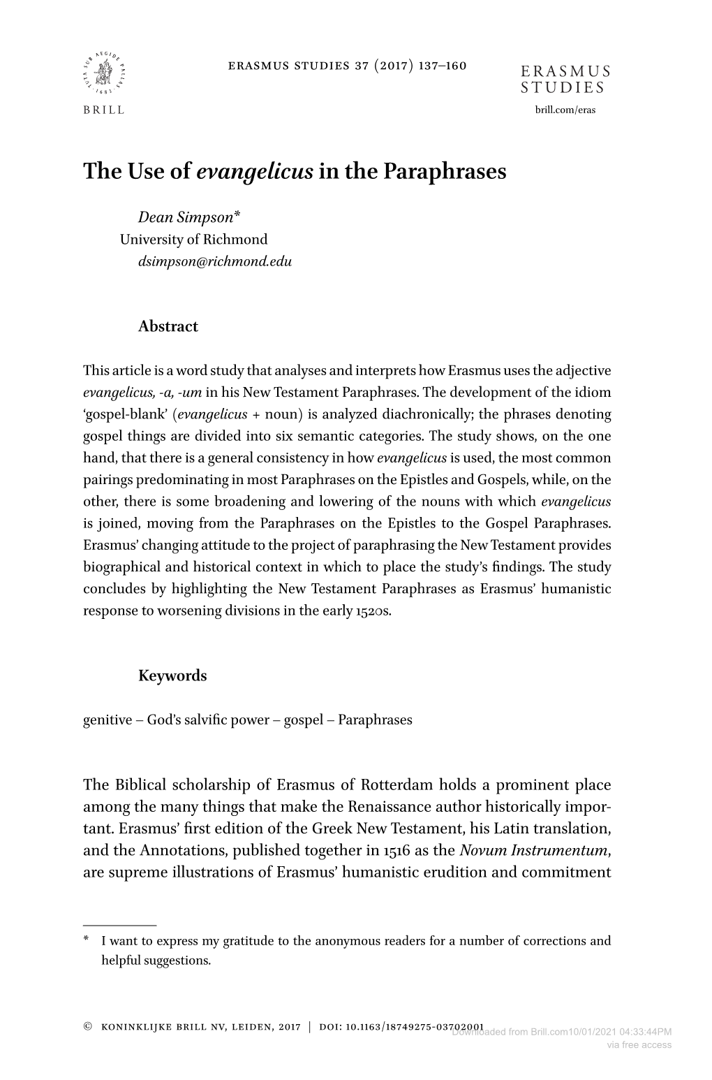 Downloaded from Brill.Com10/01/2021 04:33:44PM Via Free Access 138 Simpson to Regrounding Christianity in Scripture