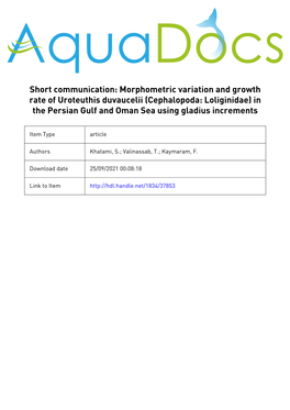 Short Communication: Morphometric Variation and Growth Rate of Uroteuthis Duvaucelii (Cephalopoda: Loliginidae) in the Persian G