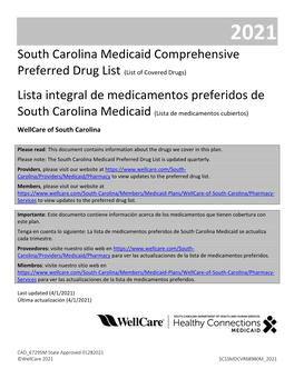 Wellcare of South Carolina Medicaid Preferred Drug List