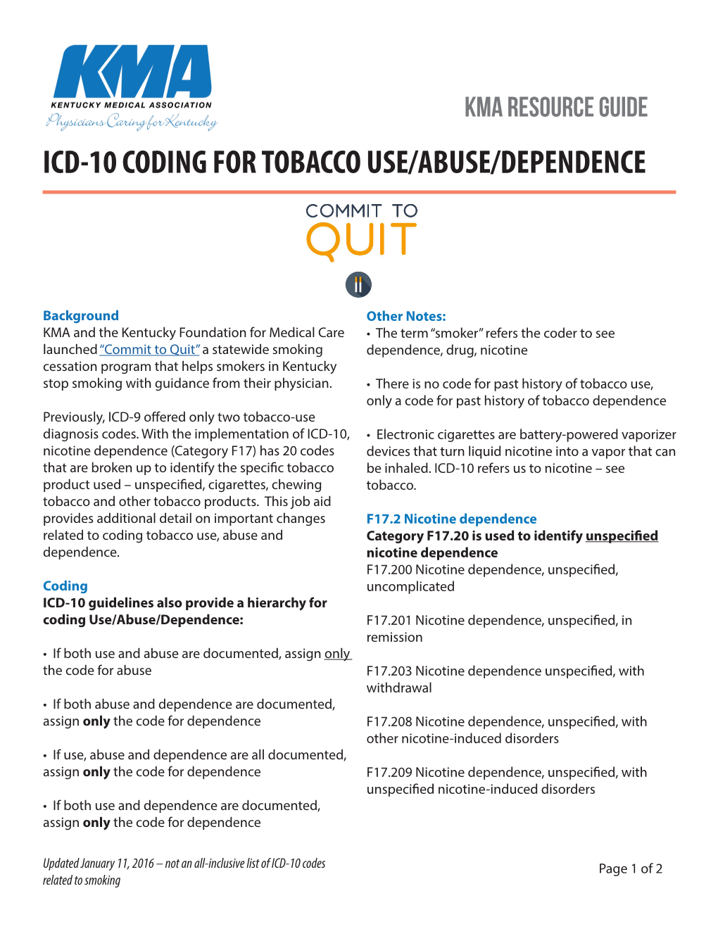Icd-10 Coding for Tobacco Use/Abuse/Dependence