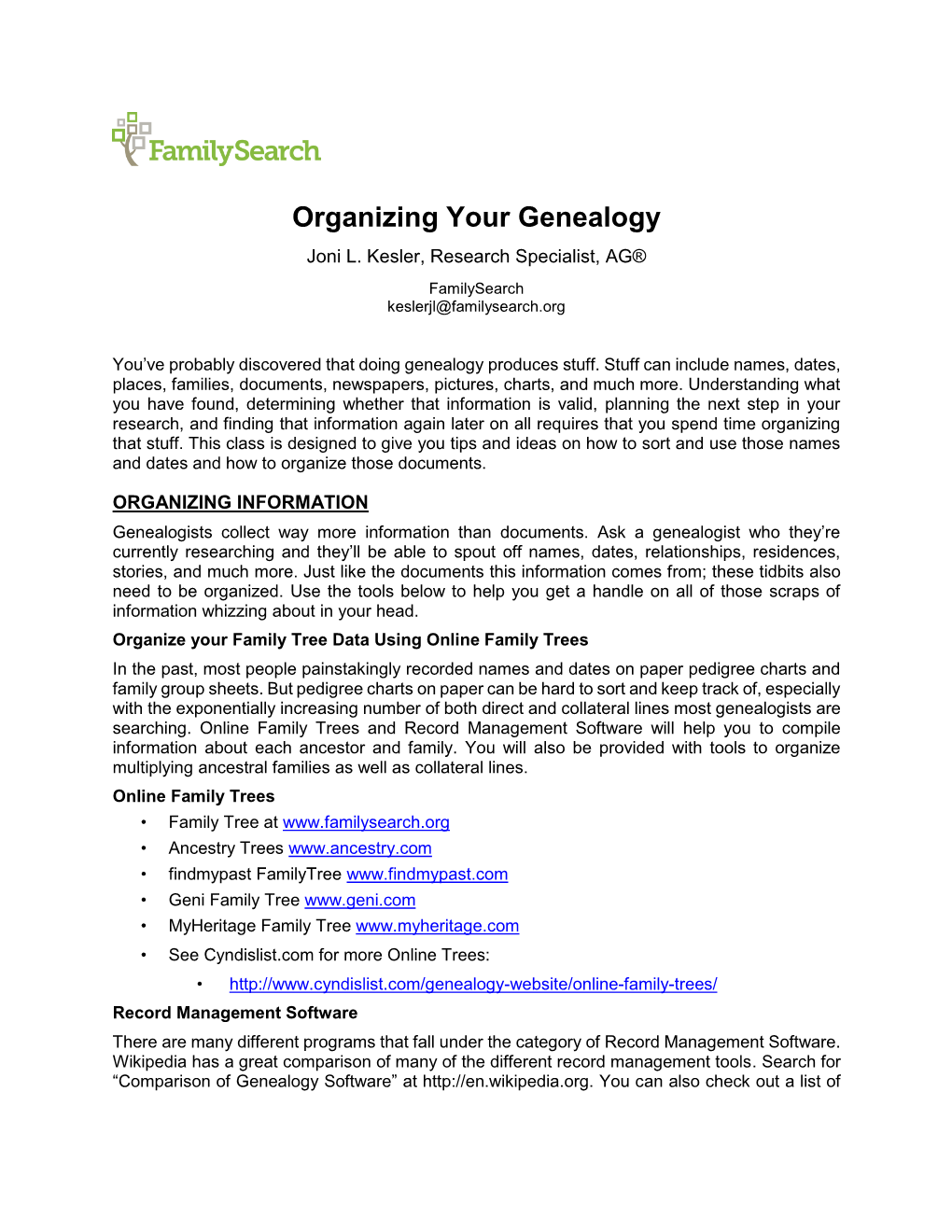 Organizing Your Genealogy Joni L