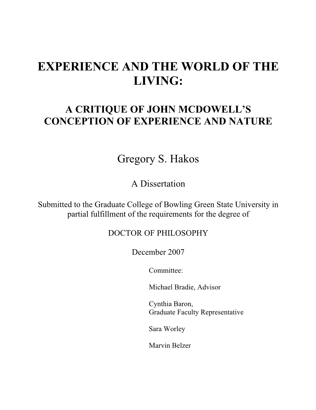 A Critique of John Mcdowell's Conception of Experience and Nature