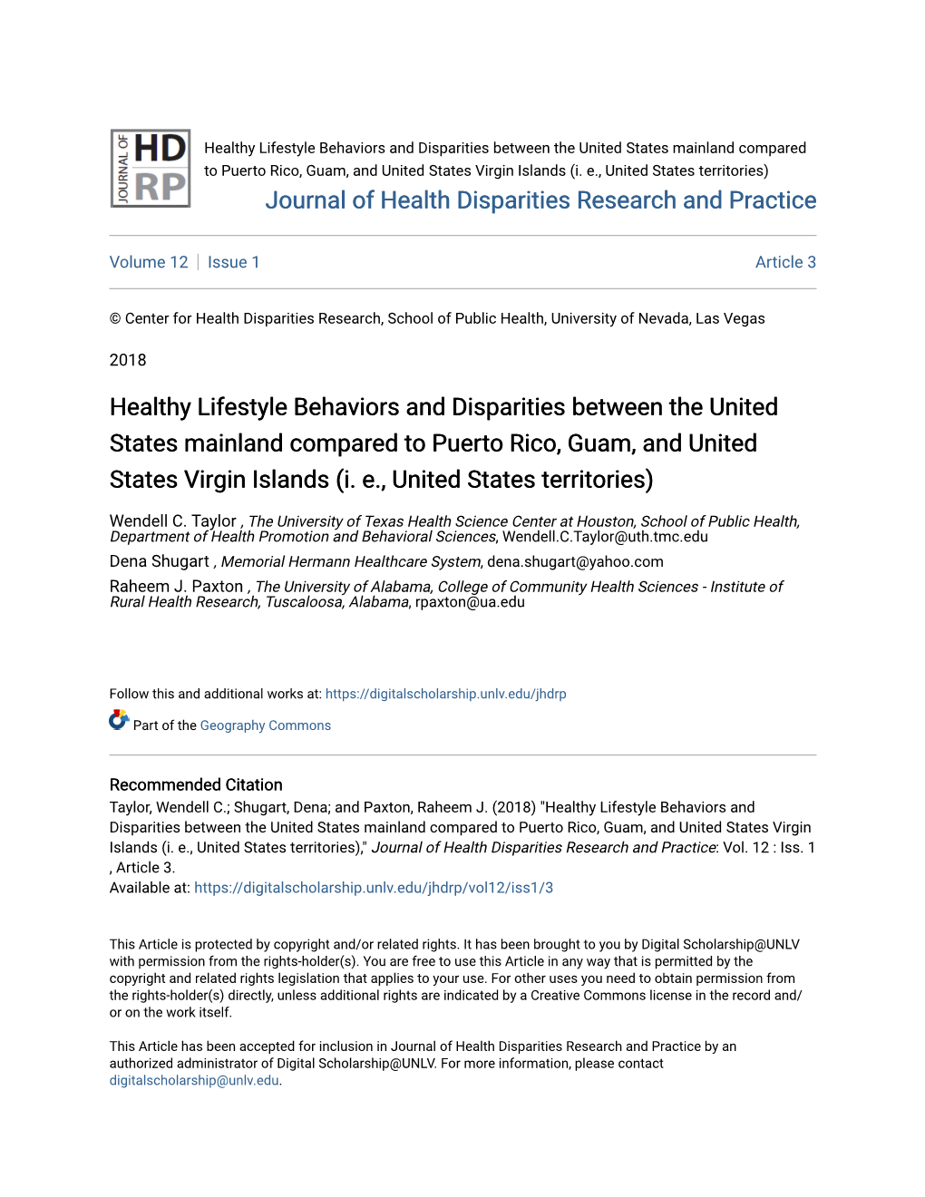 Healthy Lifestyle Behaviors and Disparities Between the United States Mainland Compared to Puerto Rico, Guam, and United States Virgin Islands (I