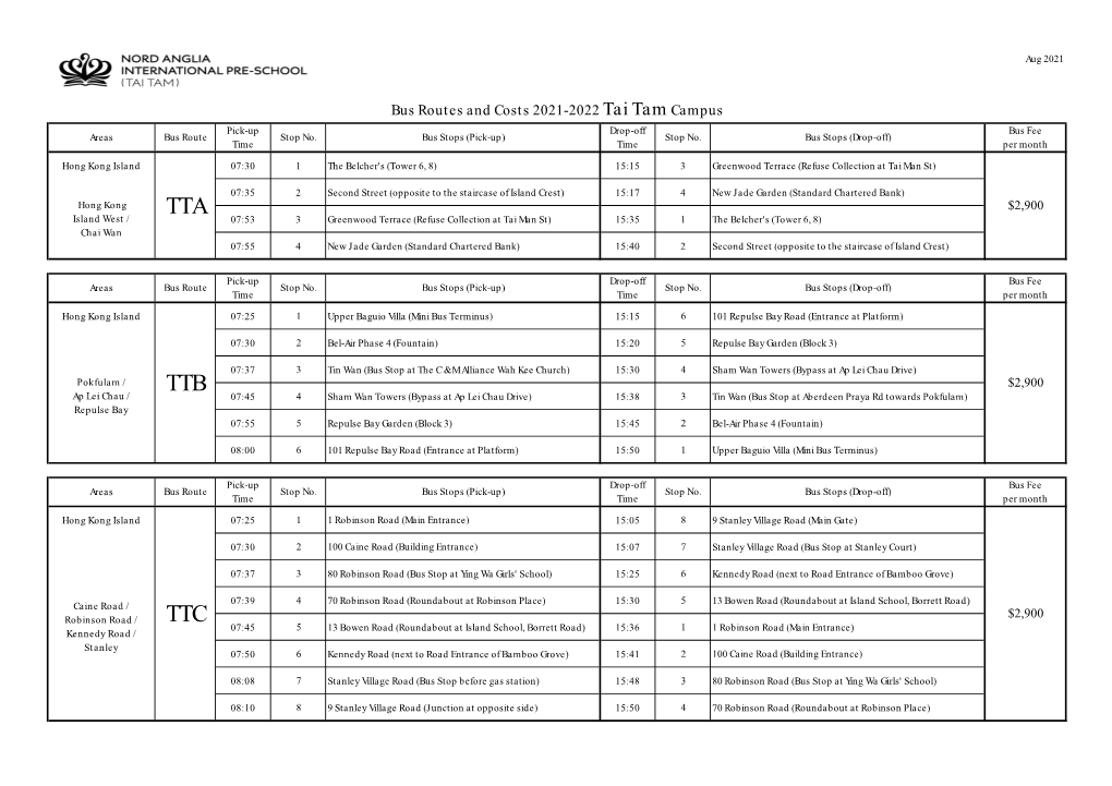 NAIPS Tai Tam Campus Bus Routes 2021-2022