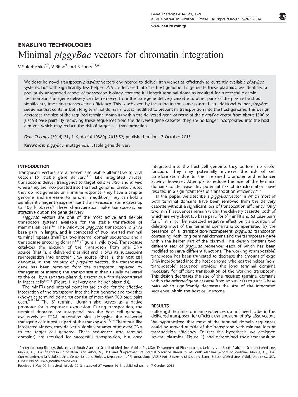 Minimal Piggybac Vectors for Chromatin Integration
