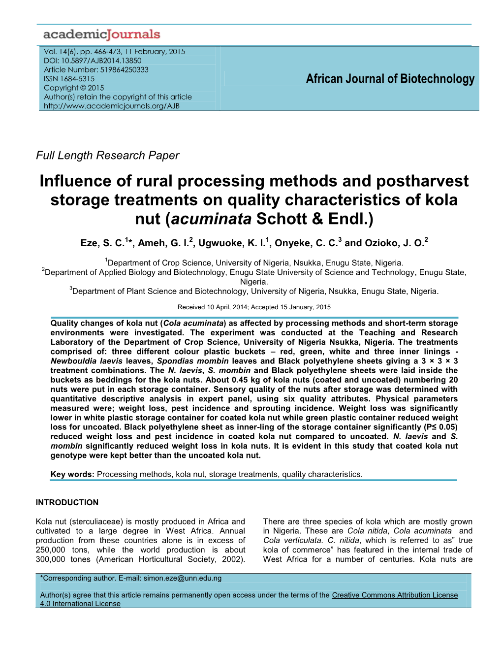 Influence of Rural Processing Methods and Postharvest Storage Treatments on Quality Characteristics of Kola Nut (Acuminata Schott & Endl.)