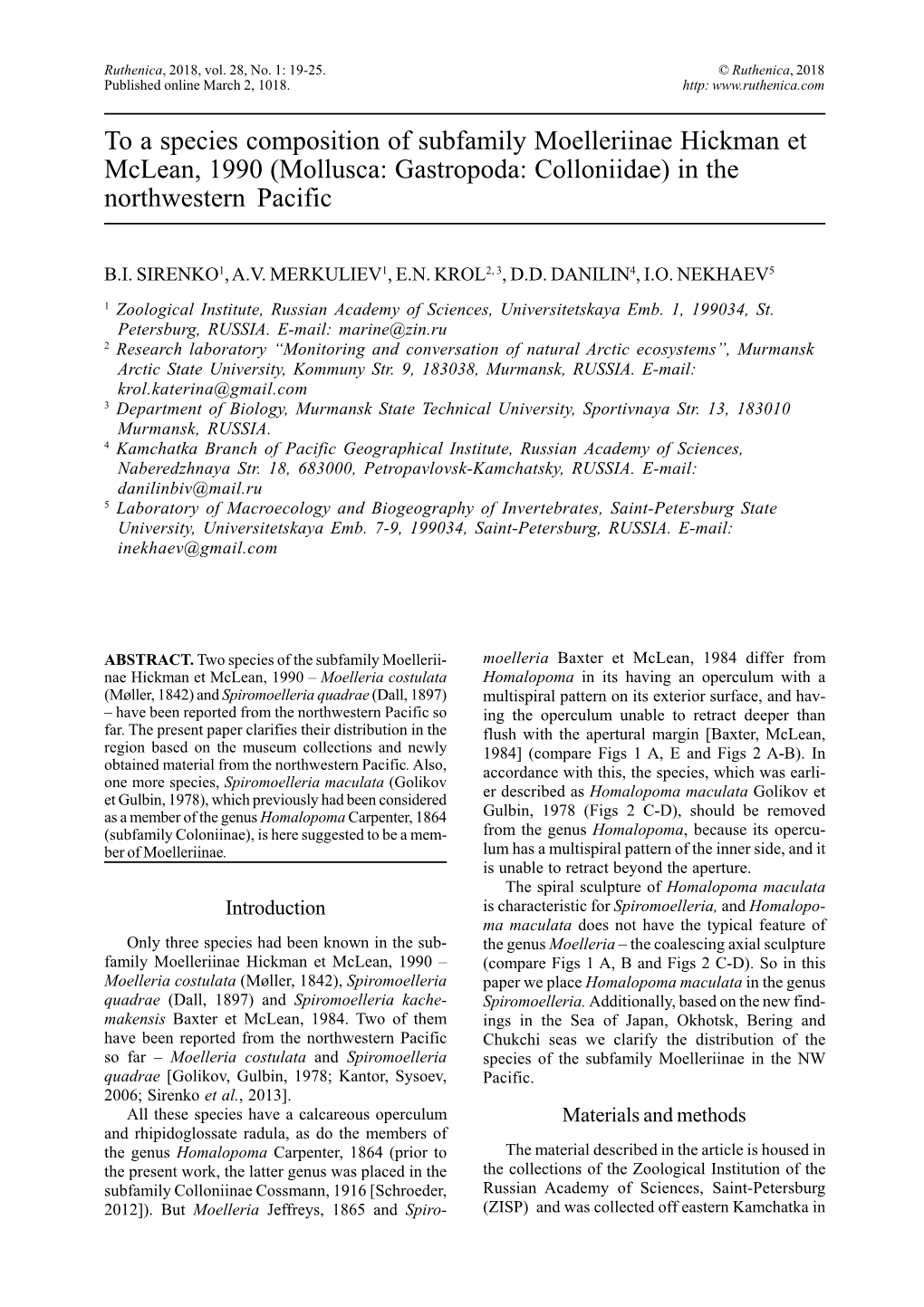 To a Species Composition of Subfamily Moelleriinae Hickman Et Mclean, 1990 (Mollusca: Gastropoda: Colloniidae) in the Northwestern Pacific