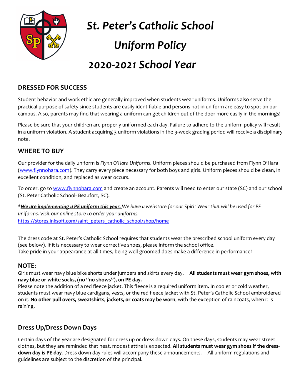St. Peter's Catholic School Uniform Policy 2020-2021 School Year