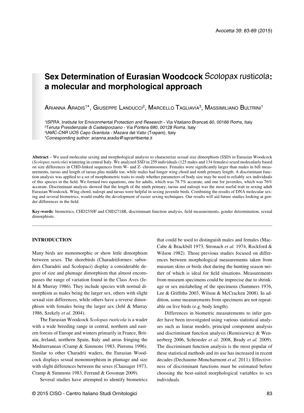 Sex Determination of Eurasian Woodcock Scolopax Rusticola: a Molecular and Morphological Approach