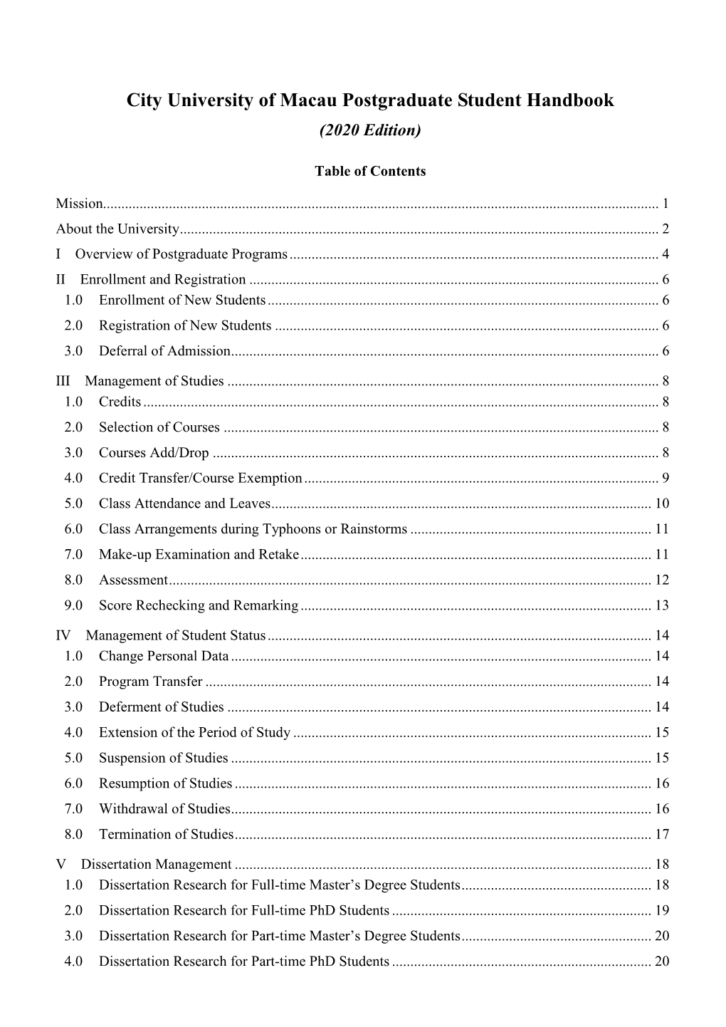City University of Macau Postgraduate Student Handbook (2020 Edition)