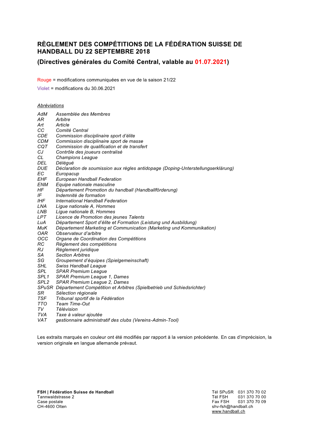 Règlement Des Competitions Avec Directives 2021/22 01.07.2021