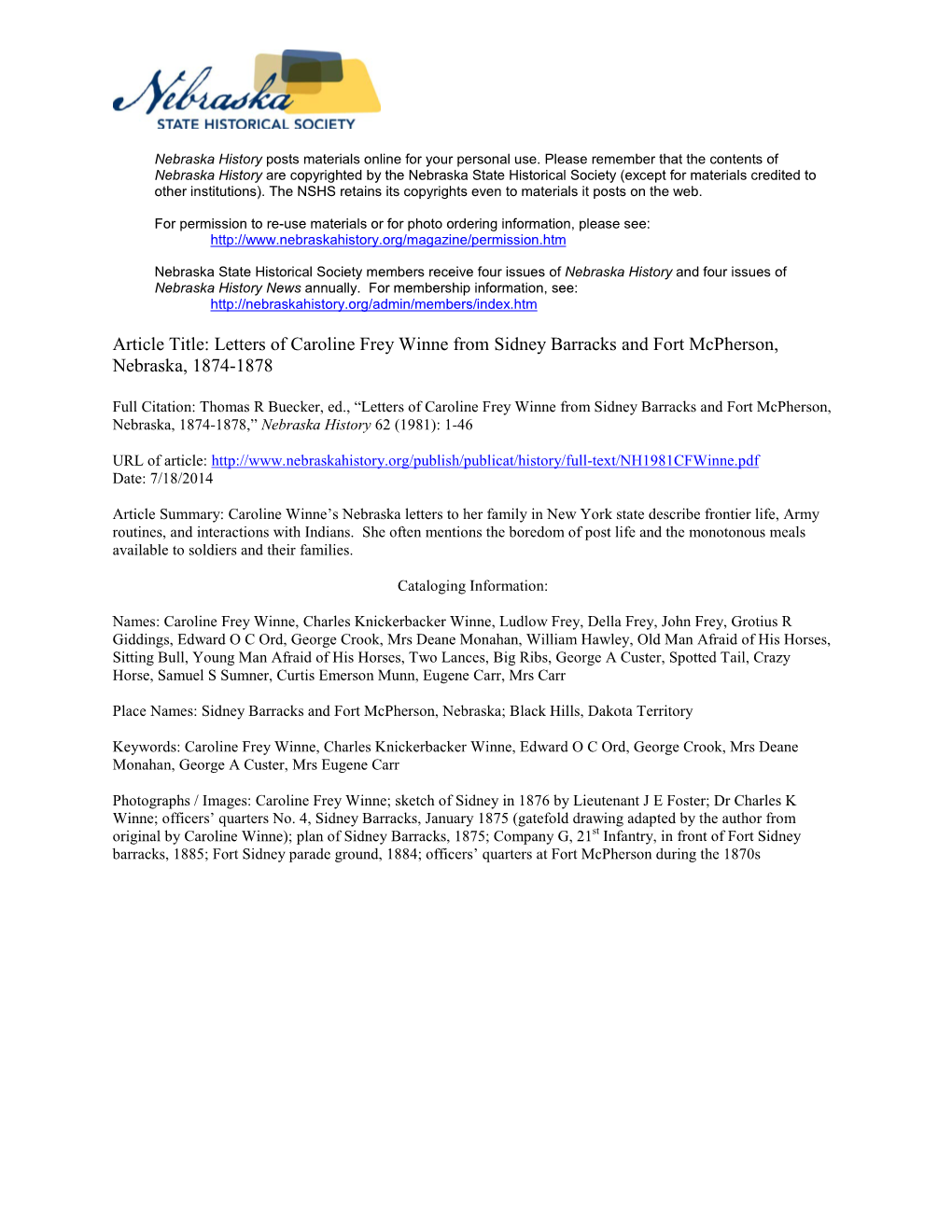 Letters of Caroline Frey Winne from Sidney Barracks and Fort Mcpherson, Nebraska, 1874-1878