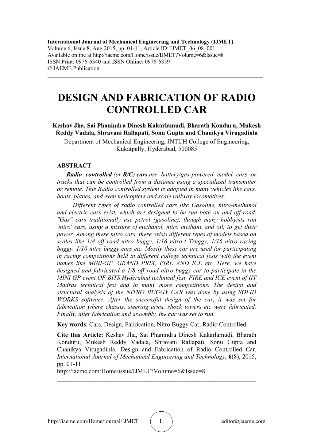 Design and Fabrication of Radio Controlled Car