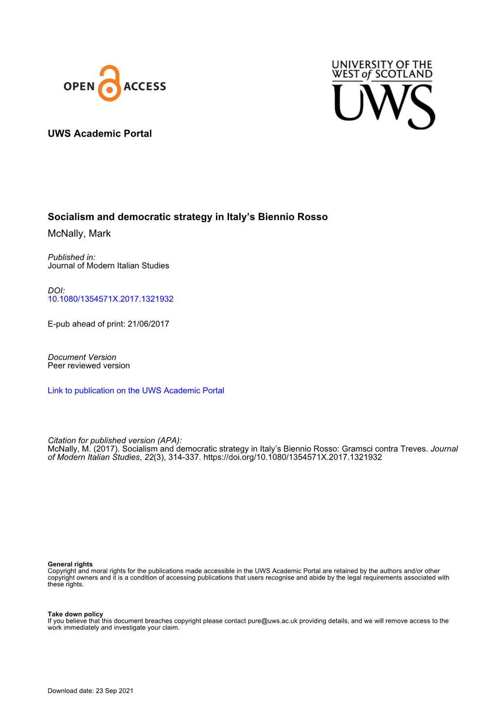 UWS Academic Portal Socialism and Democratic Strategy in Italy's Biennio Rosso Mcnally, Mark