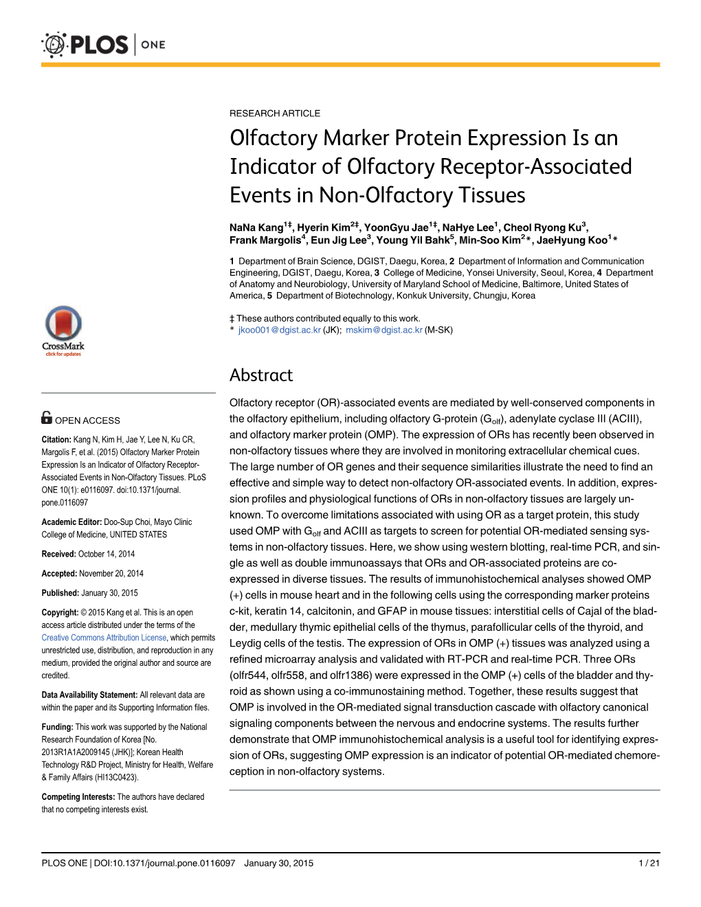 Olfactory Marker Protein Expression Is an Indicator of Olfactory Receptor-Associated Events in Non-Olfactory Tissues