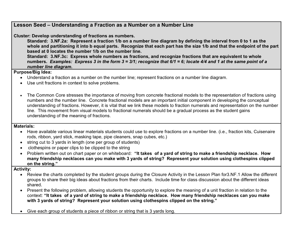 DRAFT UNIT PLAN: Grade 3: Number & Operations – Fractions (Limited To Fractions With Denominators 2, 3, 4, 6, & 8)