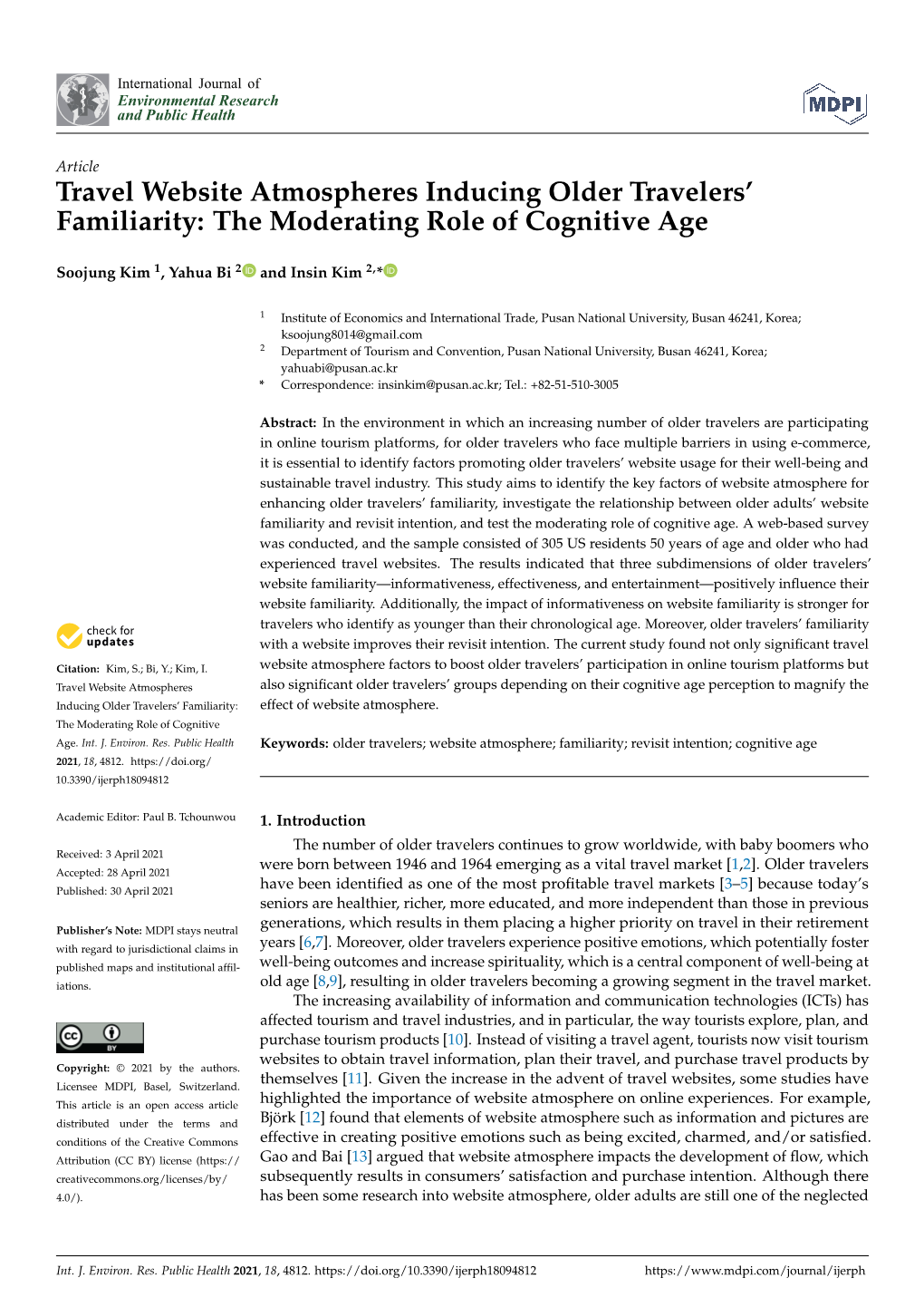 Travel Website Atmospheres Inducing Older Travelers' Familiarity: the Moderating Role of Cognitive