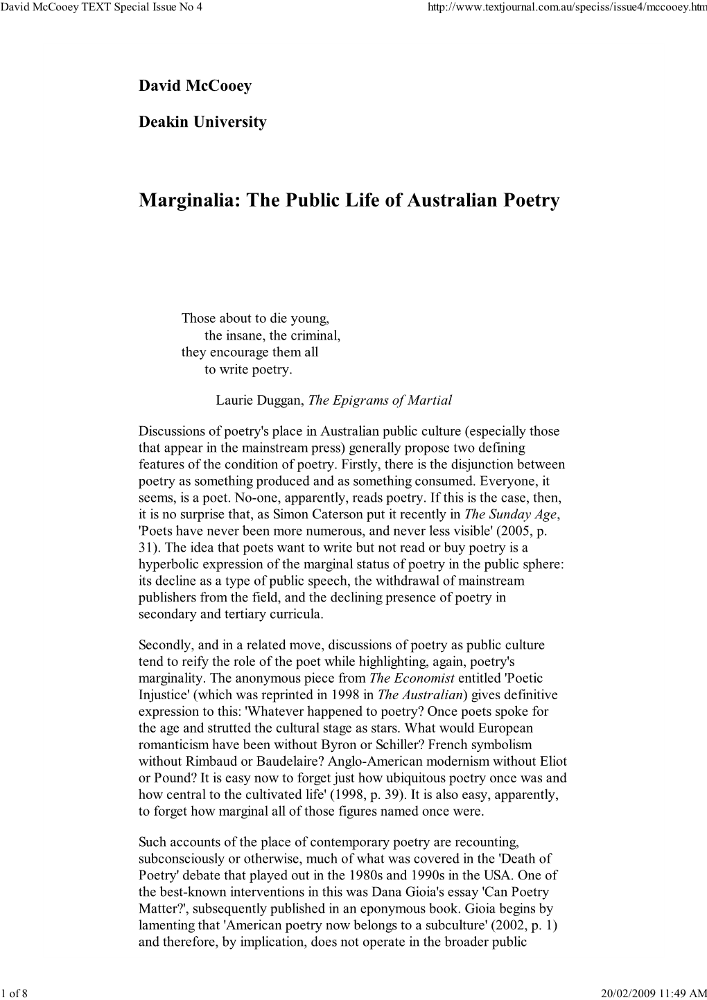 Marginalia: the Public Life of Australian Poetry