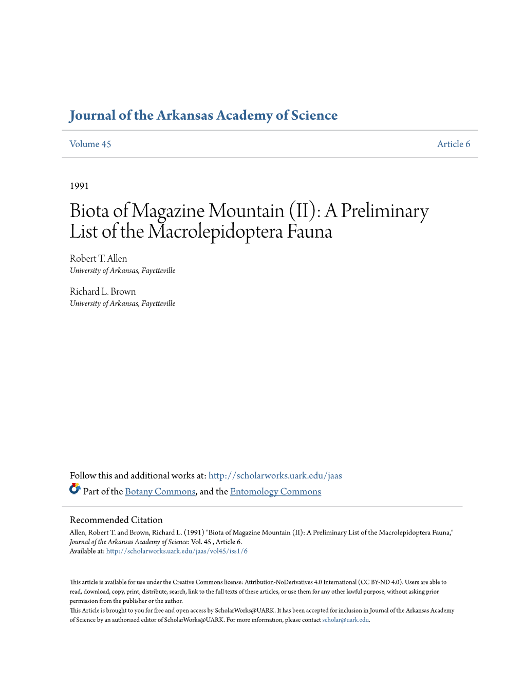 (II): a Preliminary List of the Macrolepidoptera Fauna Robert T