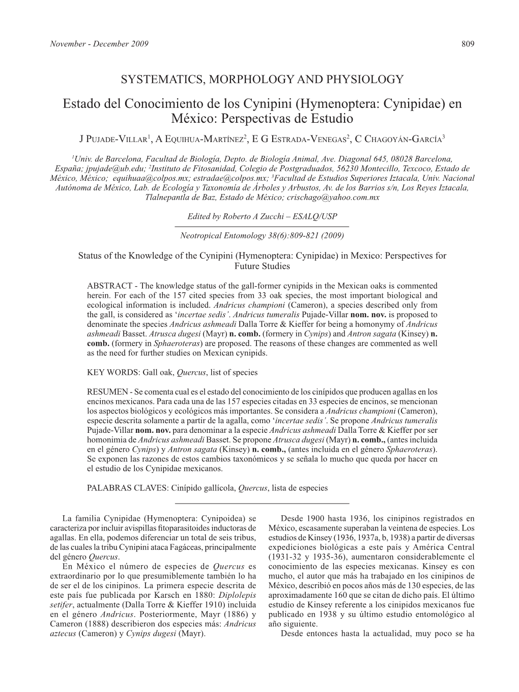 Estado Del Conocimiento De Los Cynipini (Hymenoptera: Cynipidae) En México: Perspectivas De Estudio