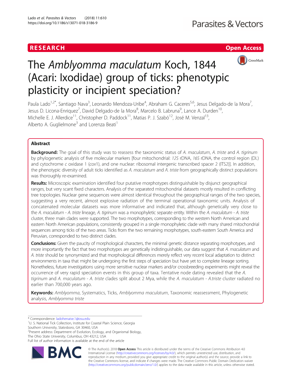 The Amblyomma Maculatum Koch, 1844 (Acari
