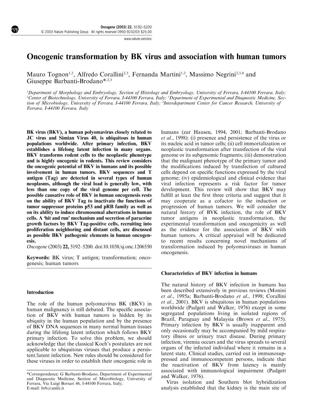 Oncogenic Transformation by BK Virus and Association with Human Tumors