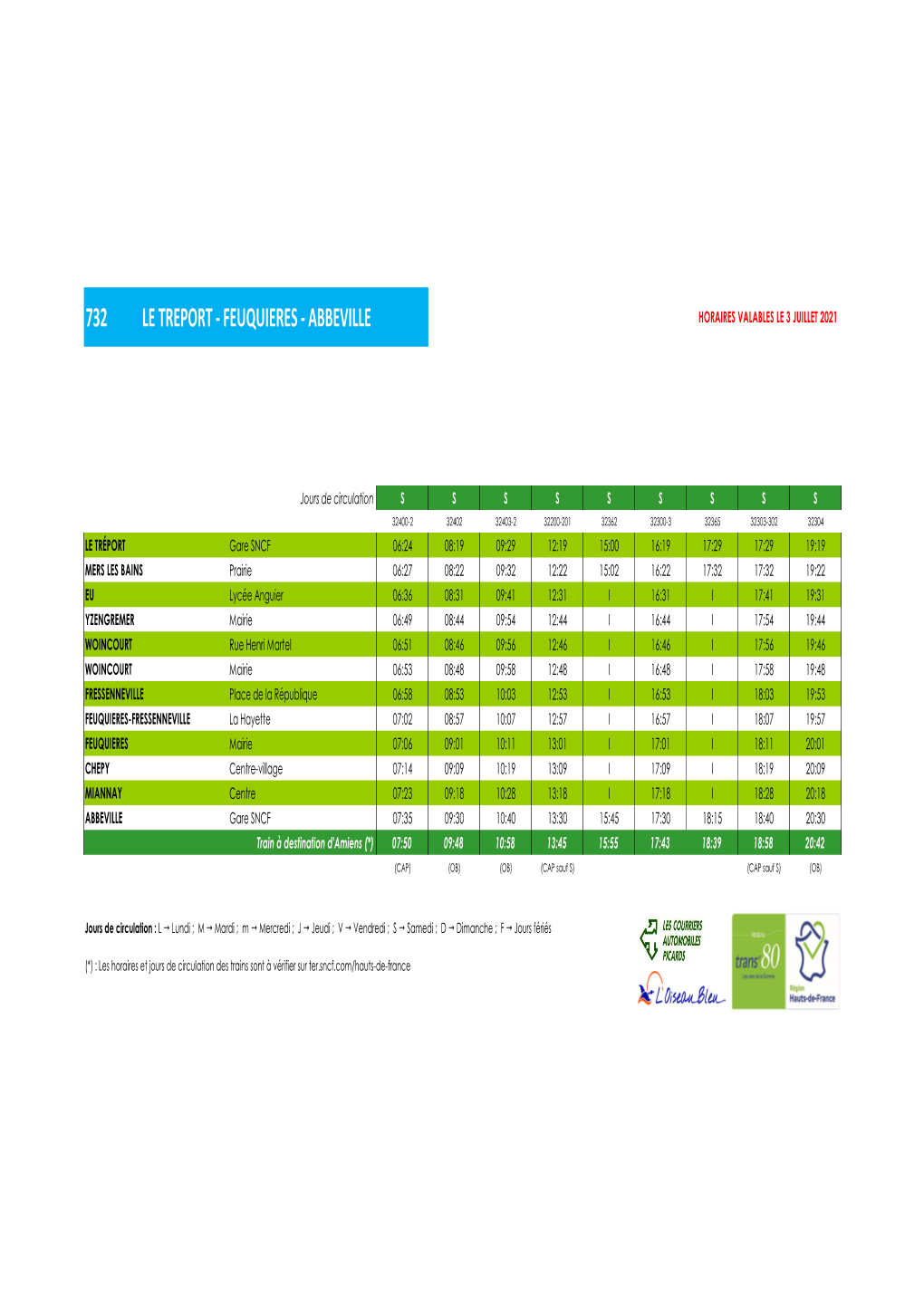 732 Le Treport - Feuquieres - Abbeville Horaires Valables Le 3 Juillet 2021