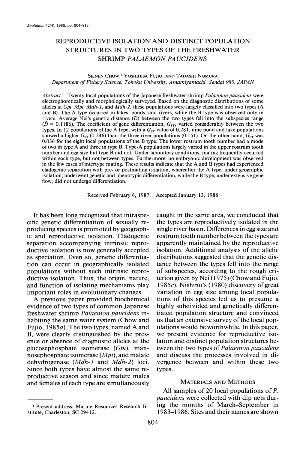 Reproductive Isolation and Distinct Population Structures in Two Types of the Freshwater Shrimp Palaemon Paucidens