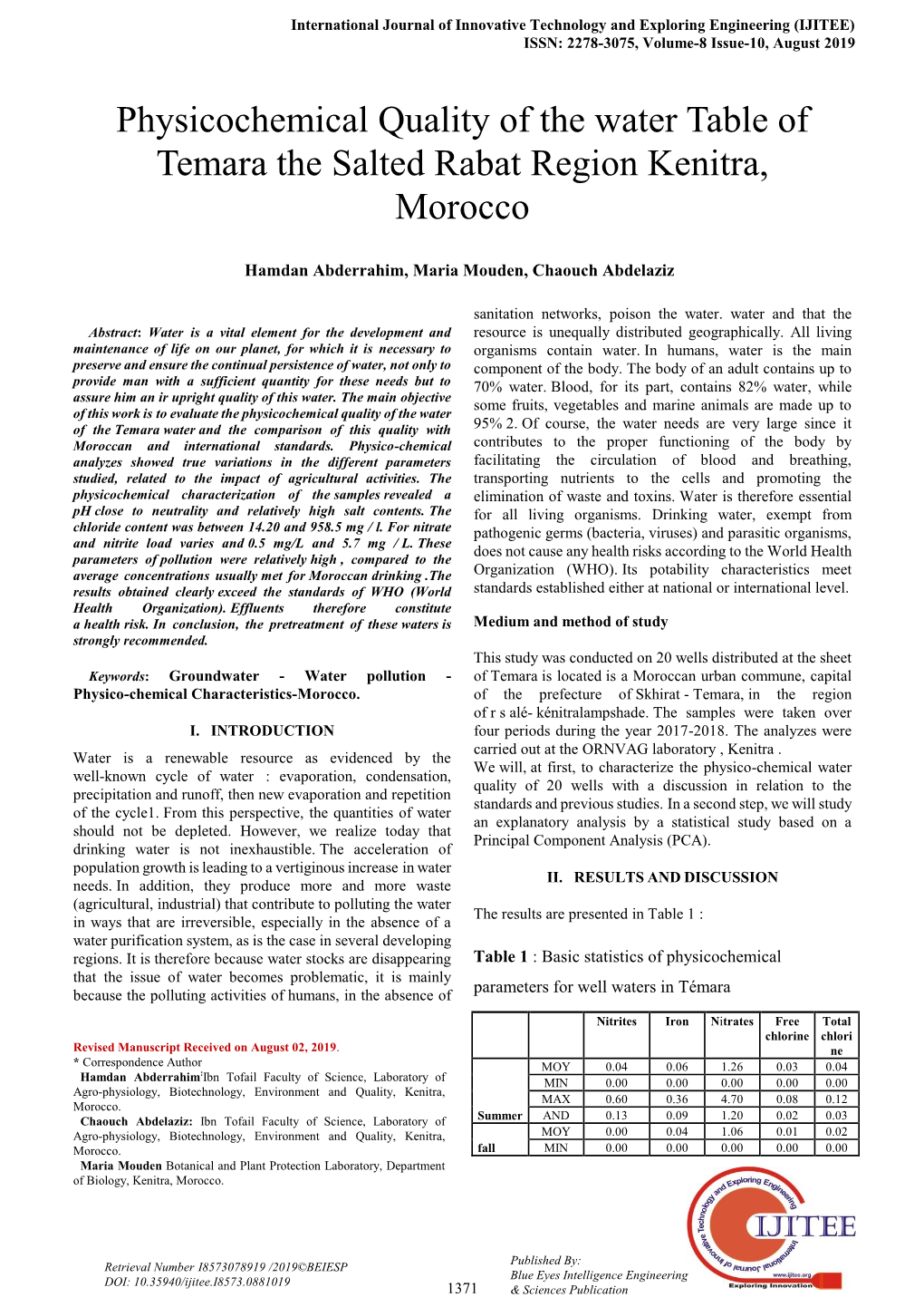 Physicochemical Quality of the Water Table of Temara the Salted Rabat Region Kenitra, Morocco