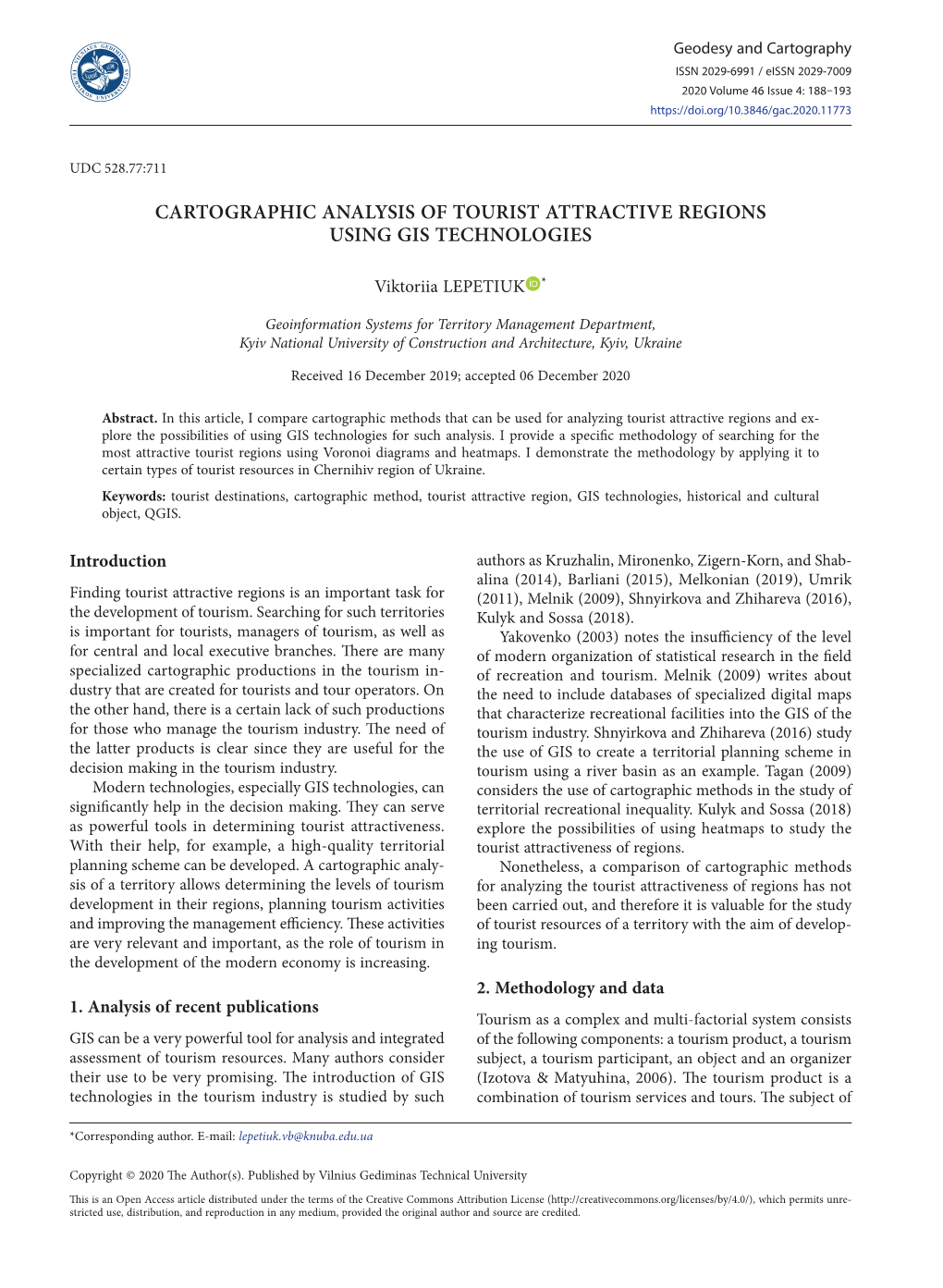 Cartographic Analysis of Tourist Attractive Regions Using Gis Technologies