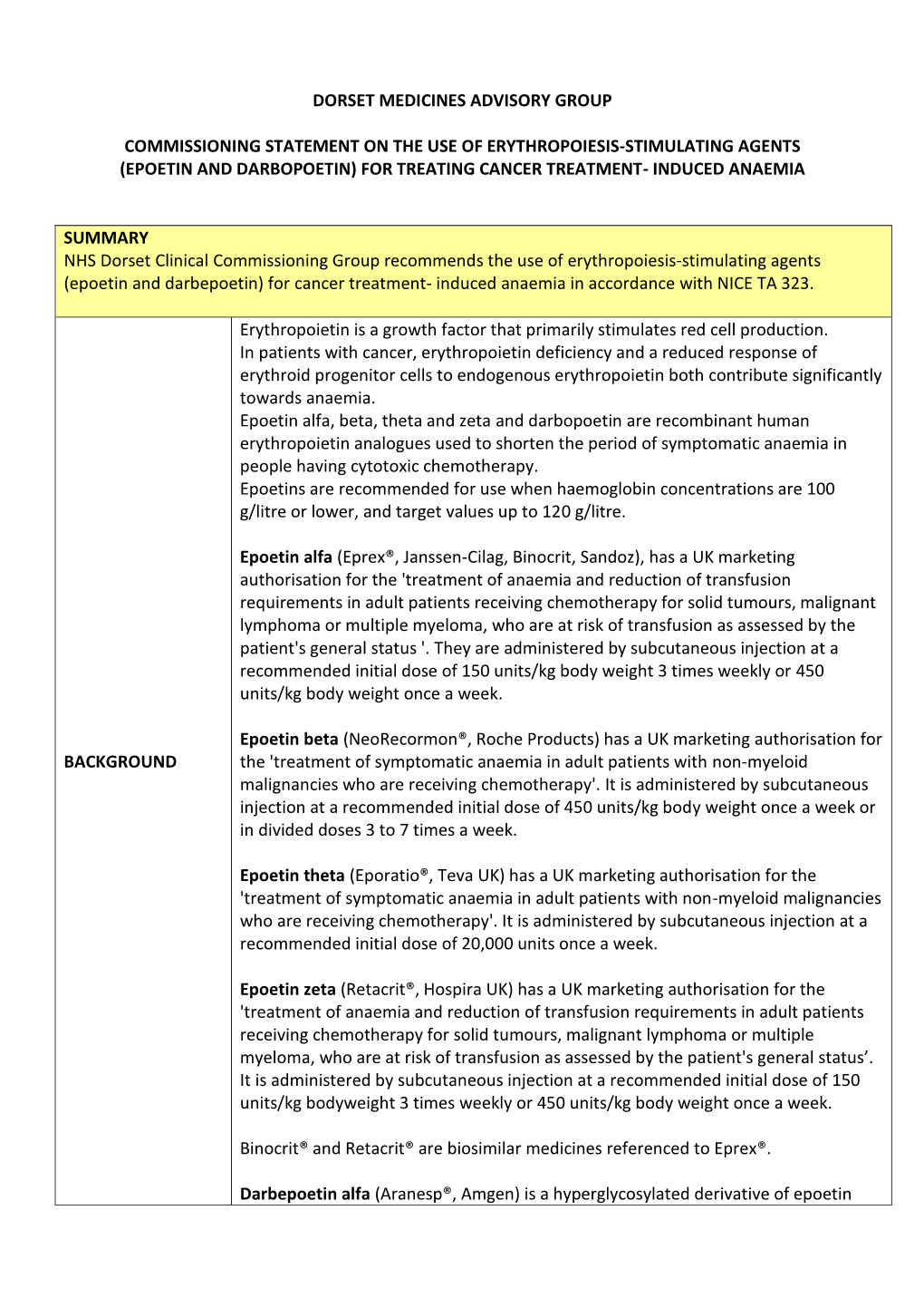 Dorset Medicines Advisory Group Commissioning Statement on the Use of Erythropoiesis-Stimulating Agents (Epoetin and Darbopo