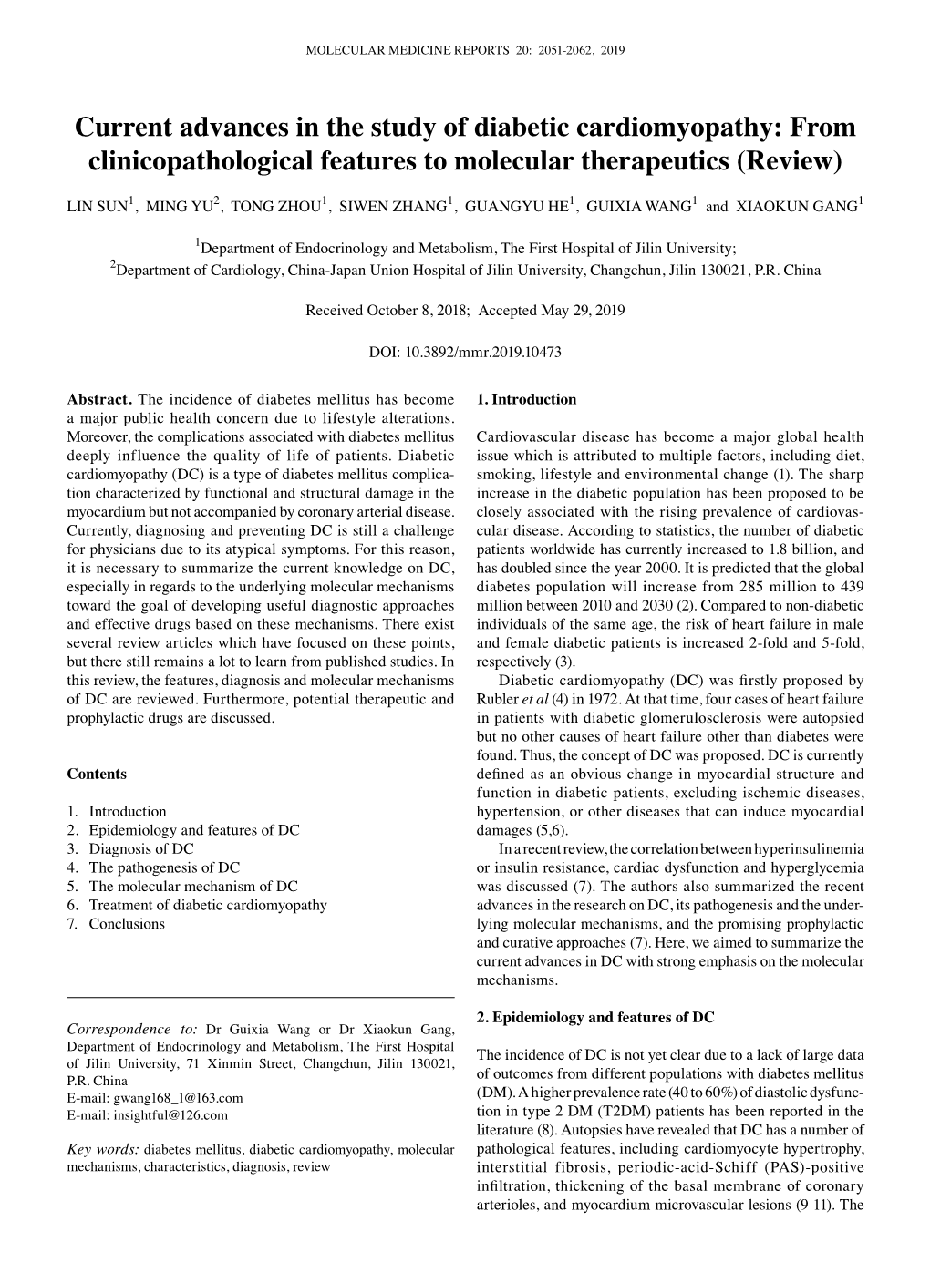 Current Advances in the Study of Diabetic Cardiomyopathy: from Clinicopathological Features to Molecular Therapeutics (Review)