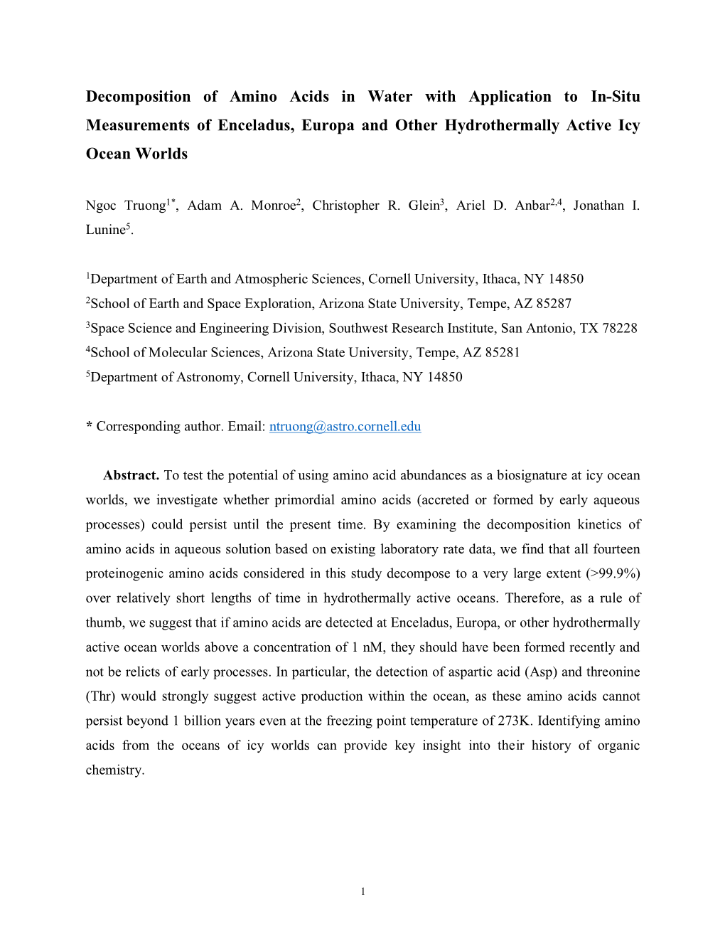 Decomposition of Amino Acids in Water with Application to In-Situ Measurements of Enceladus, Europa and Other Hydrothermally Active Icy Ocean Worlds