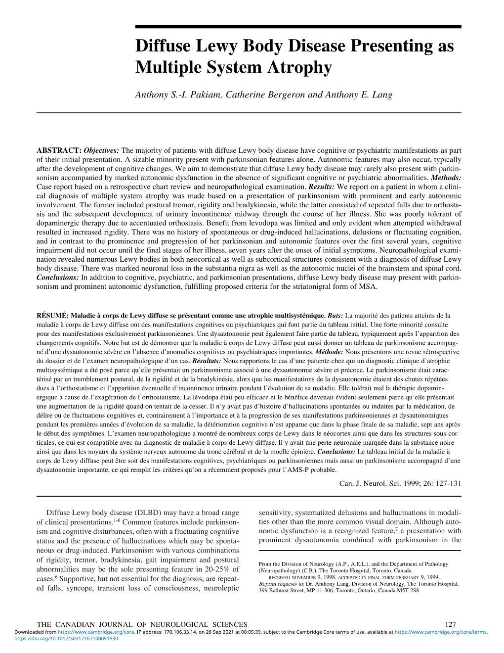 Diffuse Lewy Body Disease Presenting As Multiple System Atrophy