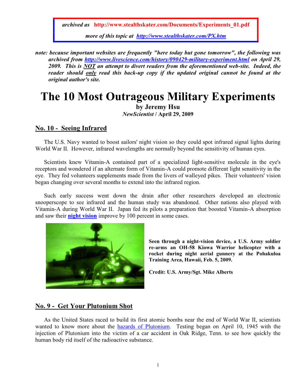 The 10 Most Outrageous Military Experiments by Jeremy Hsu Newscientist / April 29, 2009