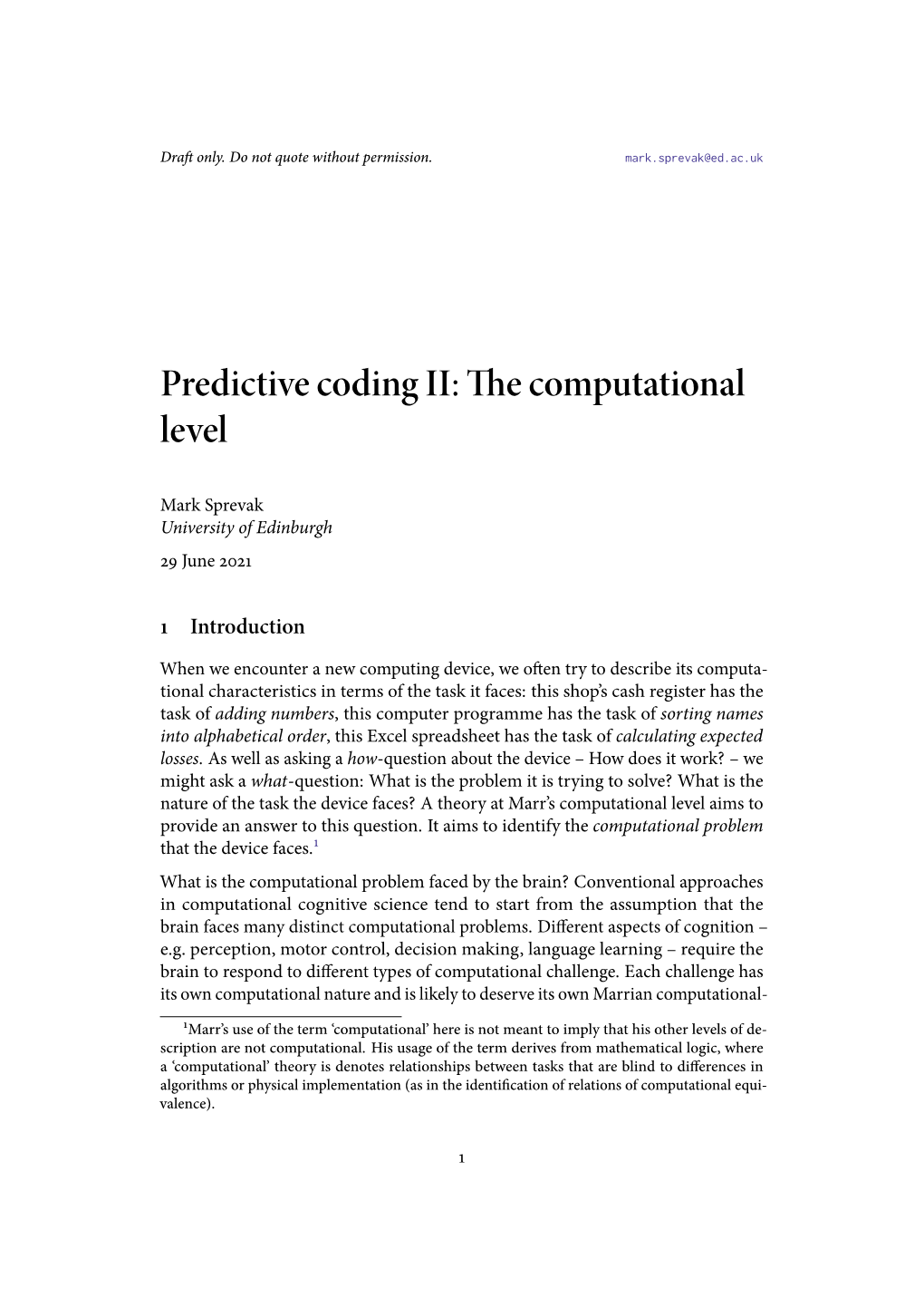 Predictive Coding II: the Computational Level